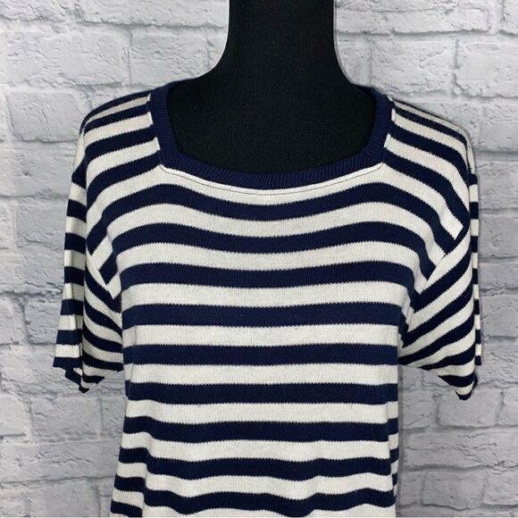 Sag Harbor white w/blue stripe scoopneck short sleeve top women sz large - Picture 3 of 10